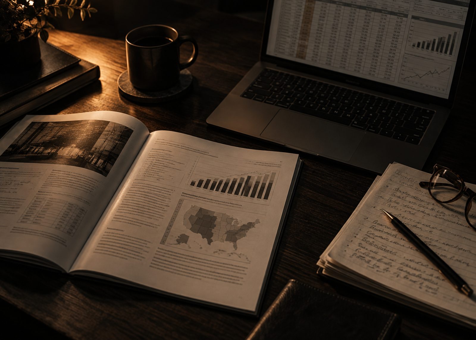 Printed findings report, bottom-up market model on a laptop and interview notes