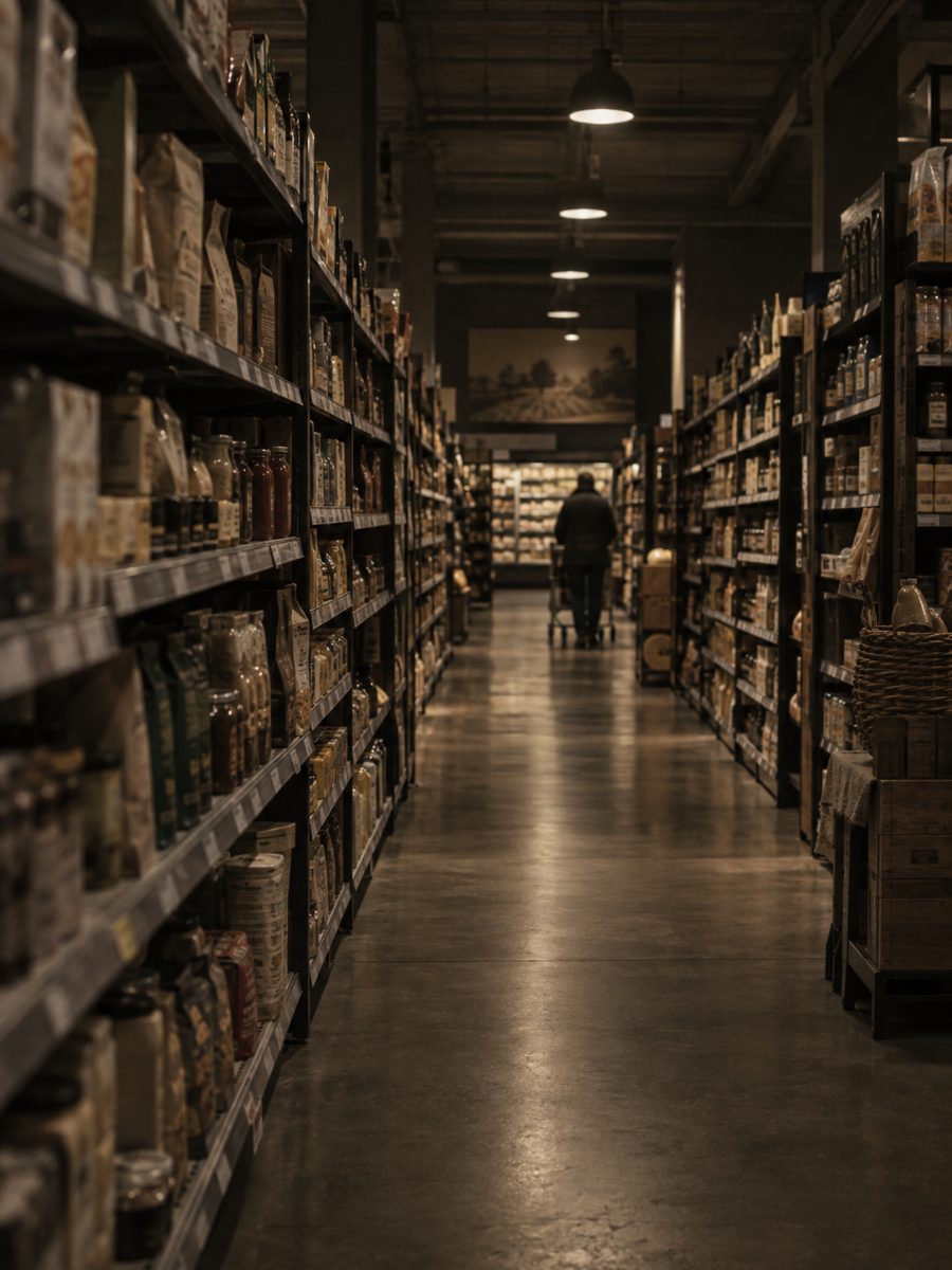 Grocery aisle with packaged goods and shelf price tags