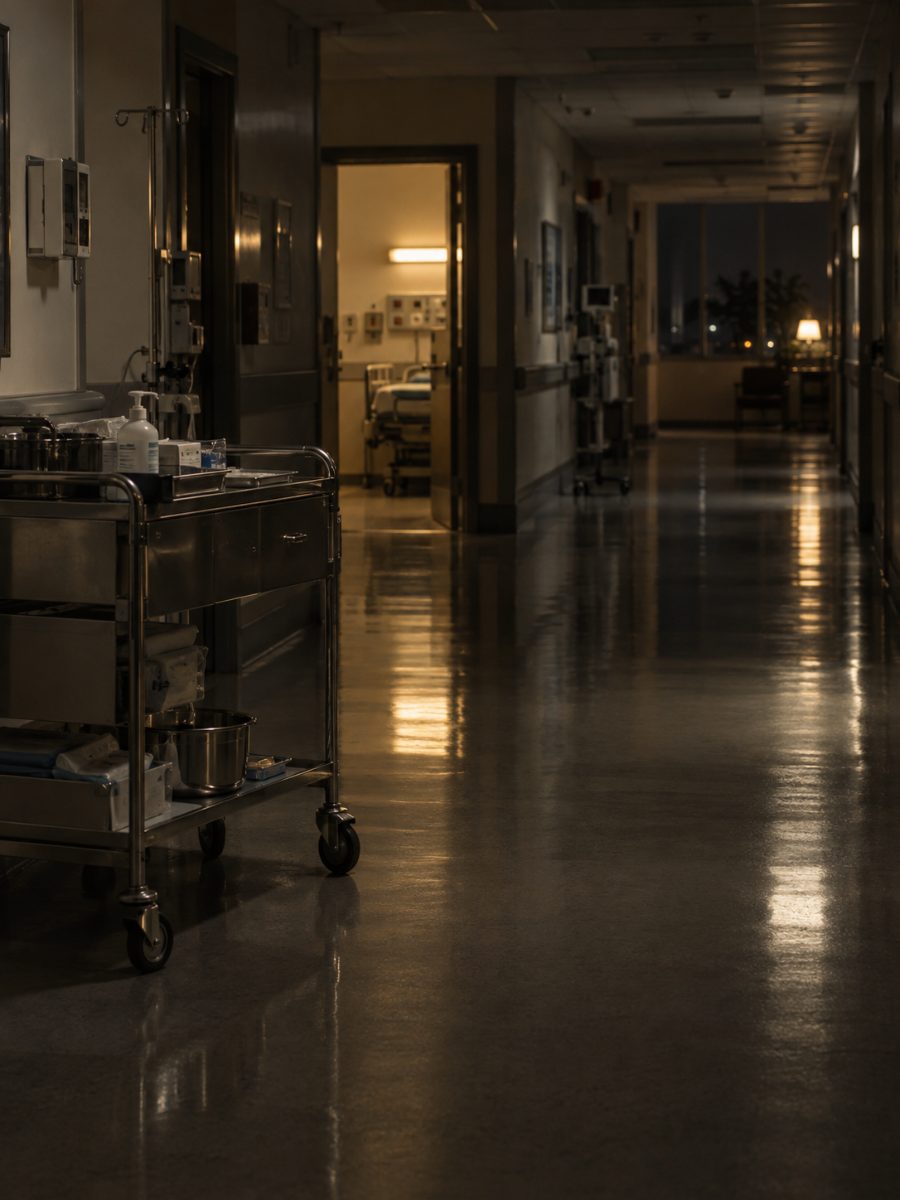 Hospital corridor at night with a stainless equipment cart