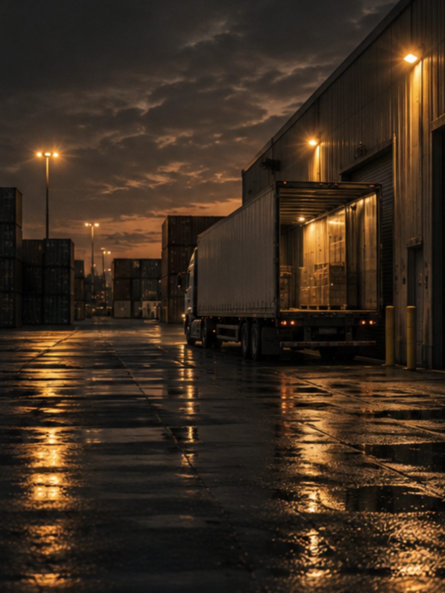 Semi-trailer at a loading dock in a freight yard at dusk