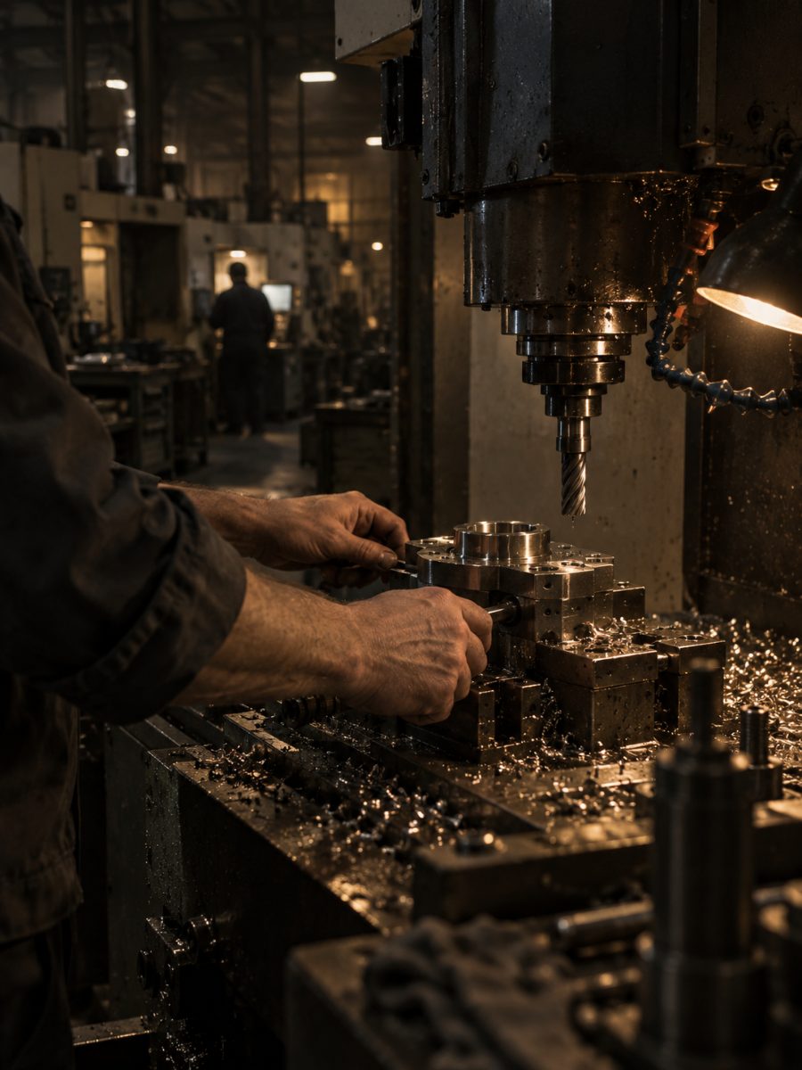 Machinist adjusting a part on a CNC mill in a U.S. precision manufacturing plant