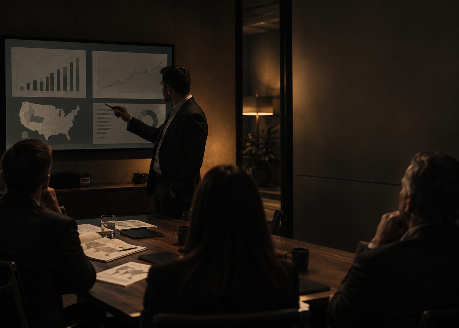 USMarket Inc analyst presenting U.S. market research findings to a client board